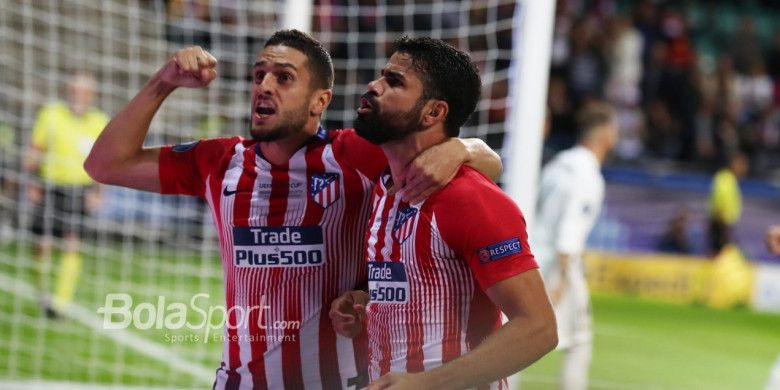 Pemain Atletico Madrid, Koke dan Diego Costa, merayakan gol pada pertandingan Piala Super Eropa 2018 melawan Real Madrid, 15 Agustus 2018 di Talinn, Estonia.